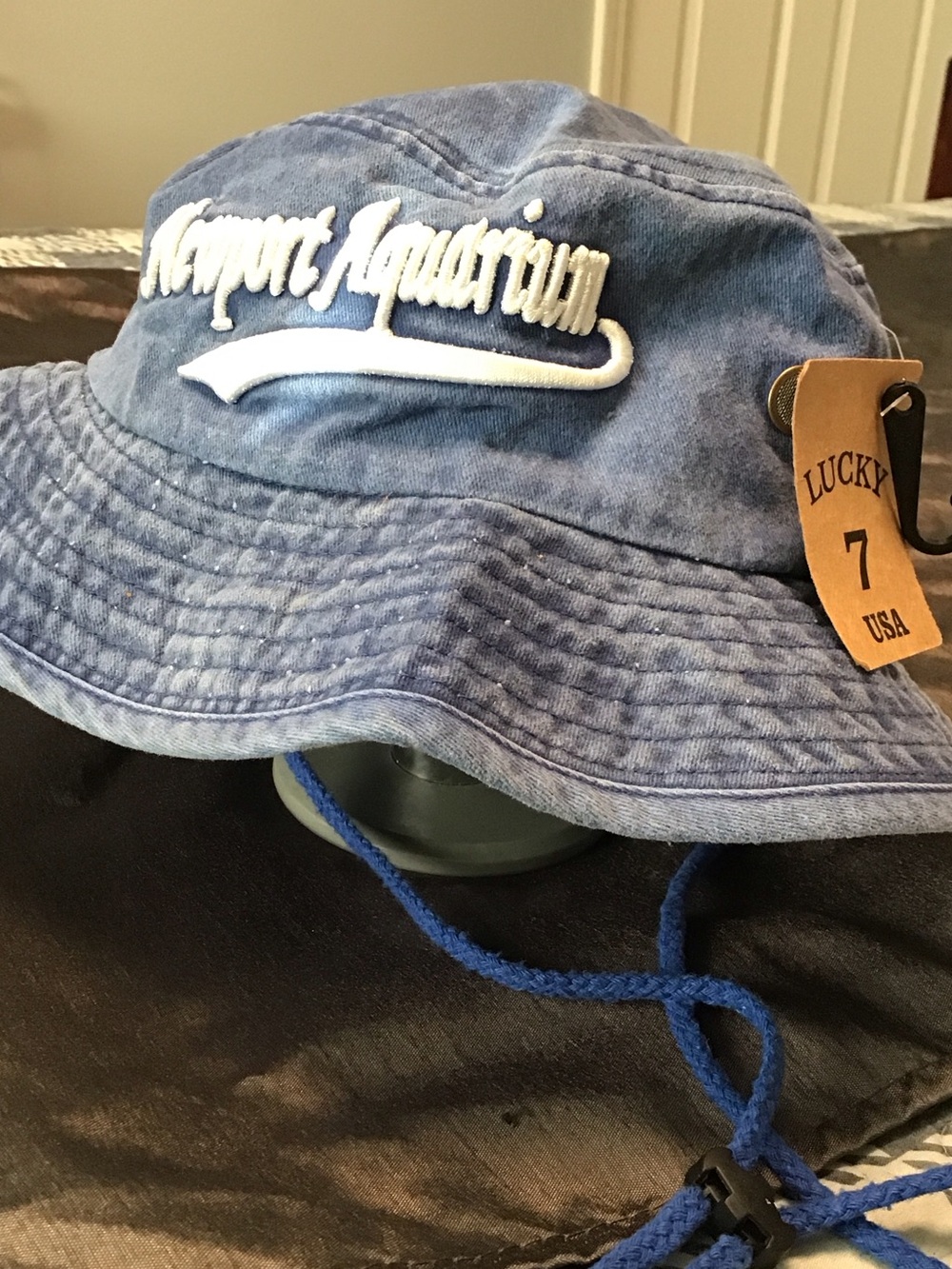 Lucky Brand Washed Blue Bucket Hat with Chin Cord